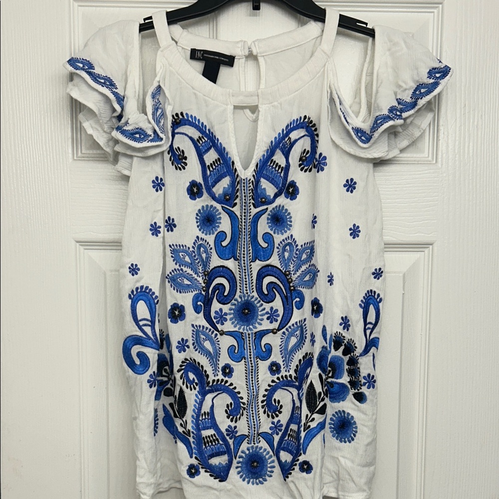 INC International Concepts White Blouse with Blue Embroidery